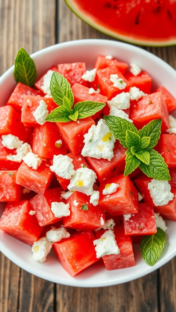 A colorful watermelon salad with feta and mint, served in a bowl on a wooden table.